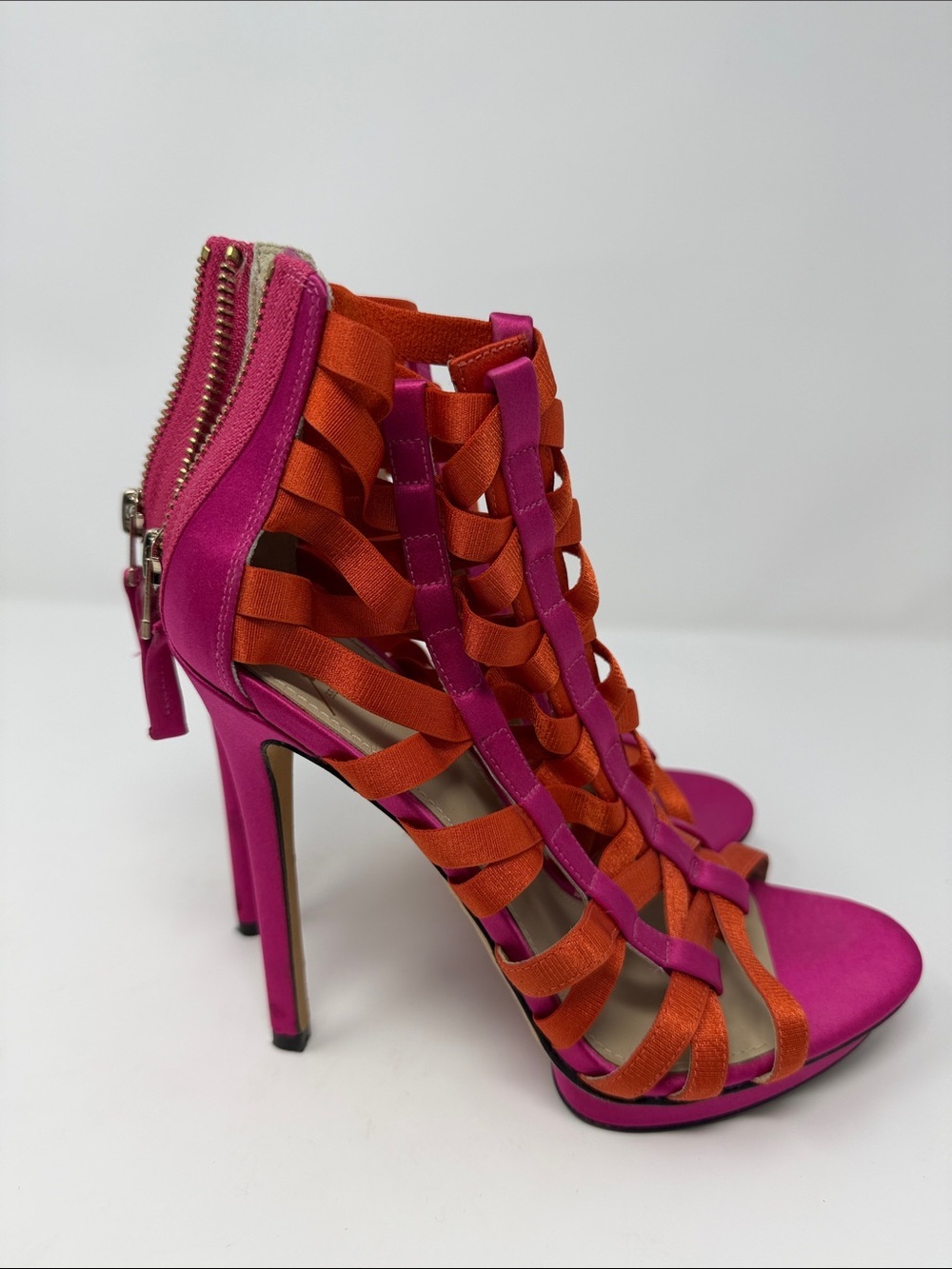 Brian Atwood Strappy Gladiator Sandals in Fuchsia and Orange - Picture 4 of 7